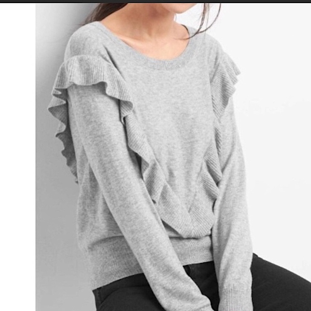 Gap Wool Sweater Gray Ruffle Long Sleeve Size Medium